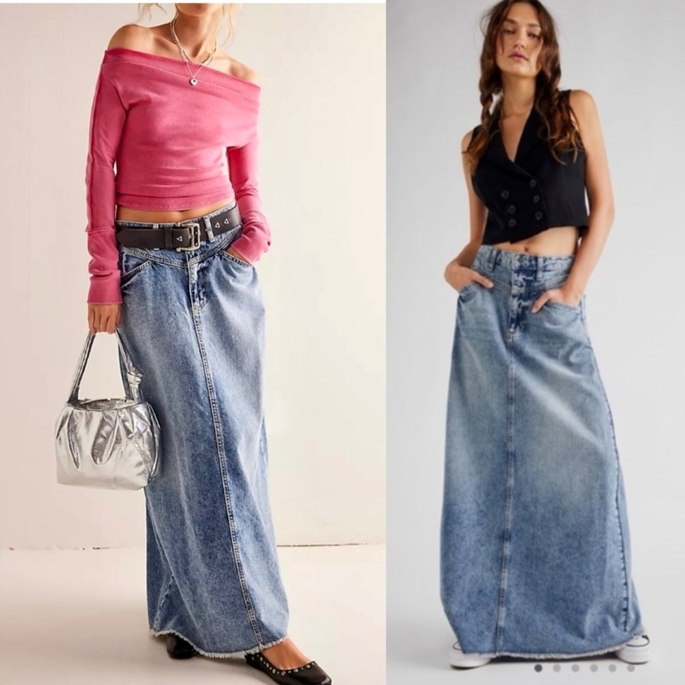 New Free People Come As You Are Denim Maxi Skirt